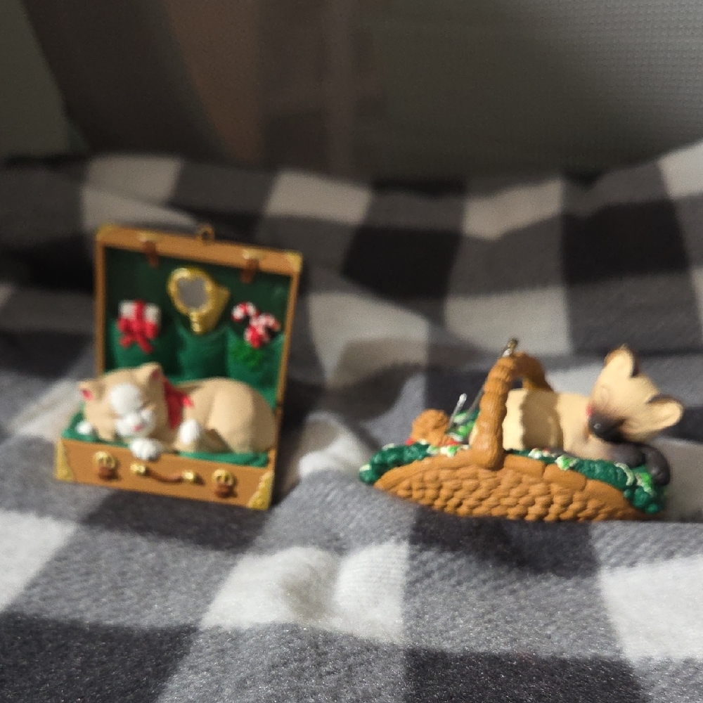 Hallmark Holiday Ornaments with Cats in Gold and Brown